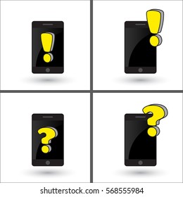 Smartphone with exclamation sign and question mark. Color set. Flat style vector illustration, isolated. Warning, notification on mobile phone