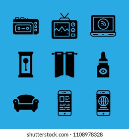 smartphone, eye drops, laptop, clock, smartphone, curtains, recorder, television and sofa vector icon. Simple icons set
