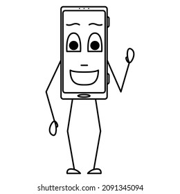 A smartphone with its eyes and mouth wide open greets and waves. A smartphone with an emotion on the display, hands, feet. Vector icon, outline, cartoon, isolated. Editable stroke