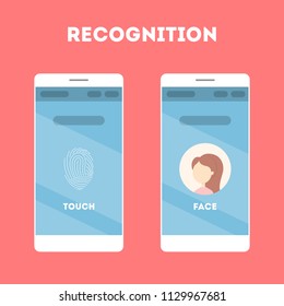 Smartphone with a face recognition and fingerprint scanner. Mobile app for biometric identification. Idea of modern technology and progress. Flat vector illustration