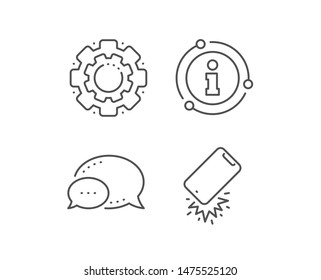 Smartphone falling line icon. Chat bubble, info sign elements. Phone crash sign. Mobile device fall symbol. Linear smartphone broken outline icon. Information bubble. Vector