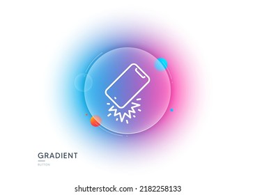 Smartphone falling line icon. Gradient blur button with glassmorphism. Phone crash sign. Mobile device fall symbol. Transparent glass design. Smartphone broken line icon. Vector