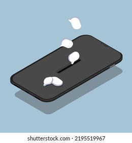 Smartphone. Falling speech bubbles on the screen, like in a piggy bank. Blue background. Colored illustration. Isometric illustration