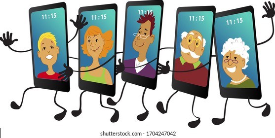 Smartphone With Family Members On The Screens Dancing Conga Line, EPS 8 Vector Illustration	
