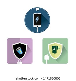 Smartphone fast charging and power socket adapter, battery notification being charged, vector, flat design illustrations.