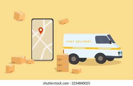 
Smartphone fast delivery app: van delivering a box and man tracking order with his smartphone, city street in the background, logistics and technology concept