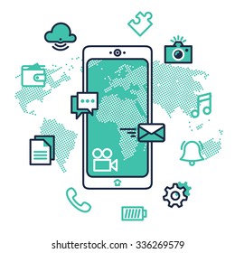 Smartphone with Fat Line Icons for web and mobile. Modern minimalistic flat design vector elements