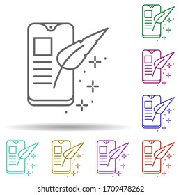 Icono de la pluma Smartphone multicolor. Línea delgada simple, contorno vectorial de iconos de escritura de copias para ui y ux, sitio web o aplicación móvil