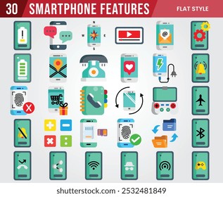 Smartphone features icons pack illustration vector design, various collection bundle of phone symbols or signs illustration design