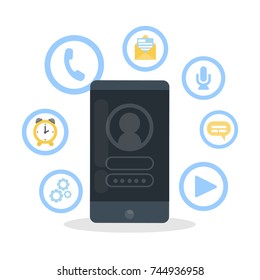 Smartphone features infographic. All in one. Alarm clock and player, mail and phone.