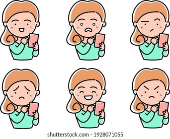 Smartphone female facial expression set illustration material