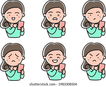 Smartphone female facial expression set illustration material