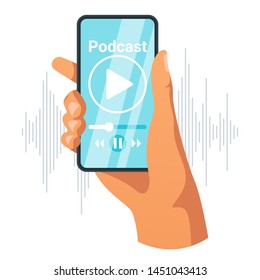 Smartphone in female hand flat vector illustration. Cell phone app with podcast on screen isolated clipart. Girl listening to online course design element. Smartphone player app