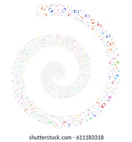 Smartphone festive concentric spiral. Vector bright multicolored scattered pictographs.