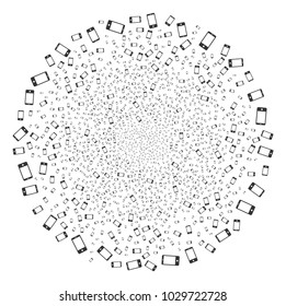 Smartphone festive round cluster. Object pattern done from scattered smartphone pictographs as exploding round shape. Vector illustration style is flat iconic symbols.