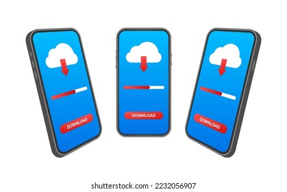 Smartphone with file download. Downloading process concept. Vector illustration.