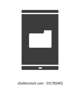 Smartphone file manager icon. Silhouette symbol. Smart phone with folder. Negative space. Vector isolated illustration