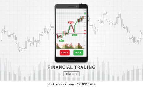 Smartphone with financial trade charts vector illustration. Candlestick trading graph (forex market) on mobile app concept.
