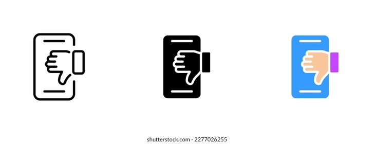 A smartphone with a finger pointing downwards icon, suggesting a gesture of disapproval or rejection. Vector set of icons in line, black and colorful styles isolated.