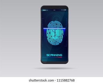 Smartphone with finger scan. HUD interface. Stock vector illustration.