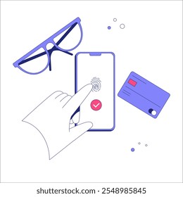 Smartphone Con Acceso De Huellas Dactilares Y Tarjeta De Pago En Ilustración vectorial Plana Que Simboliza Transacciones Digitales Seguras, Aisladas Sobre Fondo Blanco