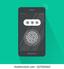 Smartphone with fingerprint button and password field vector, concept of security, personal access via finger on mobile phone, user authorization, login, protection technology