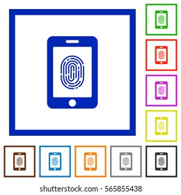 Smartphone fingerprint identification flat color icons in square frames on white background