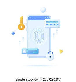 Smartphone with fingerprint, key, padlock, login and password window. Concept of mobile technology for biometric authentication, screen lock. Modern vector illustration in pseudo 3d style for banner.