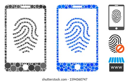Smartphone fingerprint mosaic of circle elements in different sizes and color tones, based on smartphone fingerprint icon. Vector round elements are grouped into blue mosaic.