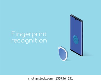 Smartphone with fingerprint on screen in isometric. Fingerprint recognition technology. Vector illustration