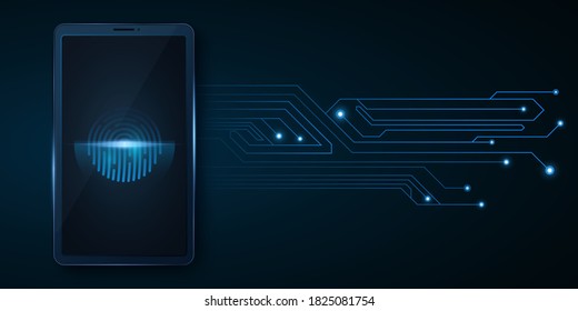 Smartphone con escáner de huellas digitales. Datos biométricos y placa de circuito de computadora luminosa. Seguridad de datos al hackear tu gadget. Ilustración vectorial. EPS 10