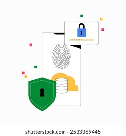 Smartphone Con Escáner De Huellas Dactilares Y Escudo En Ilustración vectorial Plana Que Simboliza La Ciberseguridad, Protección De Datos Y Privacidad, Aislado Sobre Fondo Blanco