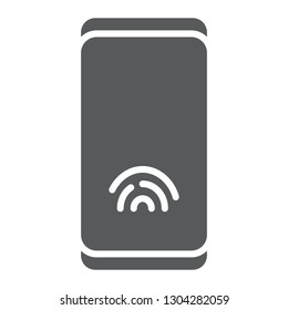 Smartphone with fingerprint sensor glyph icon, technology and identification, phone sign, vector graphics, a solid pattern on a white background, eps 10.