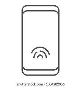 Smartphone with fingerprint sensor thin line icon, technology and identification, phone sign, vector graphics, a linear pattern on a white background, eps 10.