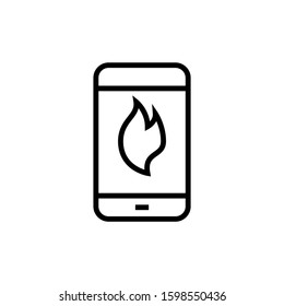 Smartphone with fire flame icon in outline style on white background, Mobile phone repair service outline vector icon, Symbol, logo illustration Vector graphics