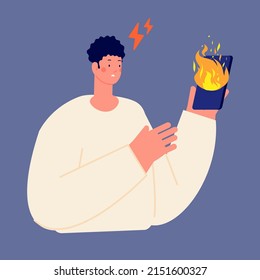 Smartphone in fire flame. Information attack, fakes and news flow. Surprised shocked man holding burning phone. Digital addiction, online noise vector metaphor