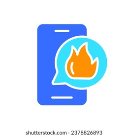 Smartphone con icono de línea de fuego. Seguridad contra incendios, agua, extinción, instrucciones de seguridad. Icono de color vectorial sobre fondo blanco para negocios y publicidad.