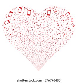 Smartphone fireworks with heart shape. Vector illustration style is flat red iconic symbols on a white background. Object stream organized from confetti design elements.
