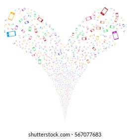 Smartphone fireworks stream. Vector illustration style is flat bright multicolored iconic symbols on a white background. Object double fountain done from random design elements.