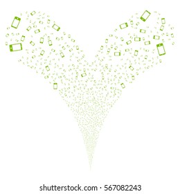 Smartphone fireworks stream. Vector illustration style is flat eco green iconic symbols on a white background. Object double fountain made from random symbols.
