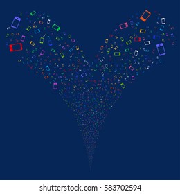 Smartphone fireworks stream. Vector illustration style is flat bright multicolored iconic symbols on a blue background. Object double fountain created from random design elements.