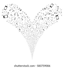 Smartphone fireworks stream. Vector illustration style is flat black iconic symbols on a white background. Object double fountain created from random pictographs.