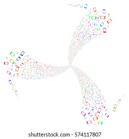 Smartphone fireworks swirl rotation. Vector illustration style is flat bright multicolored iconic symbols on a white background. Object twirl constructed from random pictographs.