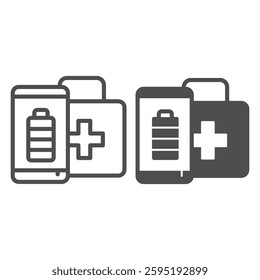 Smartphone and first aid kit line and solid icon, eco tourism concept. Vector graphics. Charged phone with medicine briefcase sign on white background, outline style icon for mobile or web design