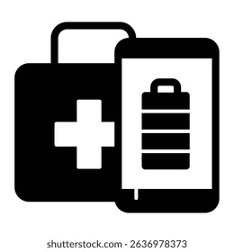 Smartphone and first aid kit solid icon, eco tourism concept. Vector graphics. Charged phone with medicine briefcase sign on white background, style mobile or design