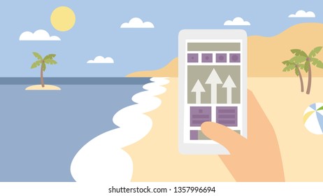 Smartphone in first person view on beach vector illustration in flat style