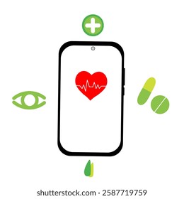 Smartphone Fitness health with applications icons flat design idea concept living healthy life. Smartphone showing red love heartbeat and health icons flat design.