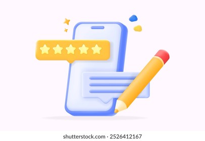 Smartphone with a five star rating, comment review chat bubble and pencil, symbolizing reviews and feedback. illustrating customer satisfaction, product reviews, and user experience, 3d illustration