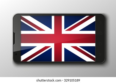 Smartphone with flag of United Kingdom of Great Britain and Northern Ireland, mobile phone isolated, realistic vector illustration.