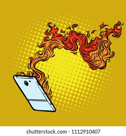 smartphone flames. destruction of technology. Comic cartoon pop art retro vector illustration drawing